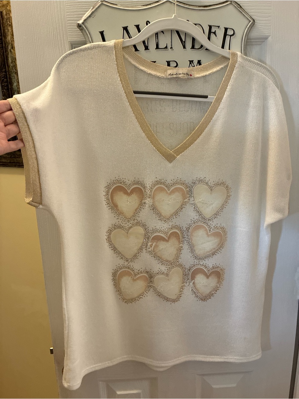 Made in Italy Lightweight Knit V-Neck Short Sleeve with Gold Heart Motif